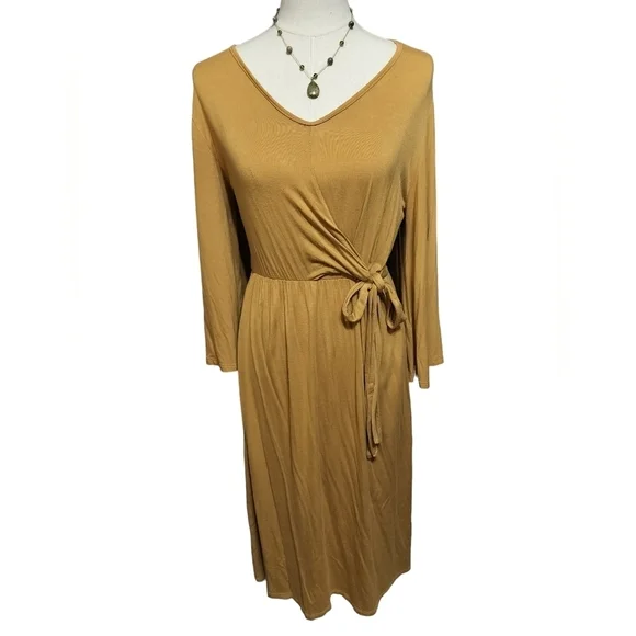2250) Roolee Gold Mock Wrap 3/4 Bell Sleeve Pullover Dress Size Medium - Picture 2 of 9